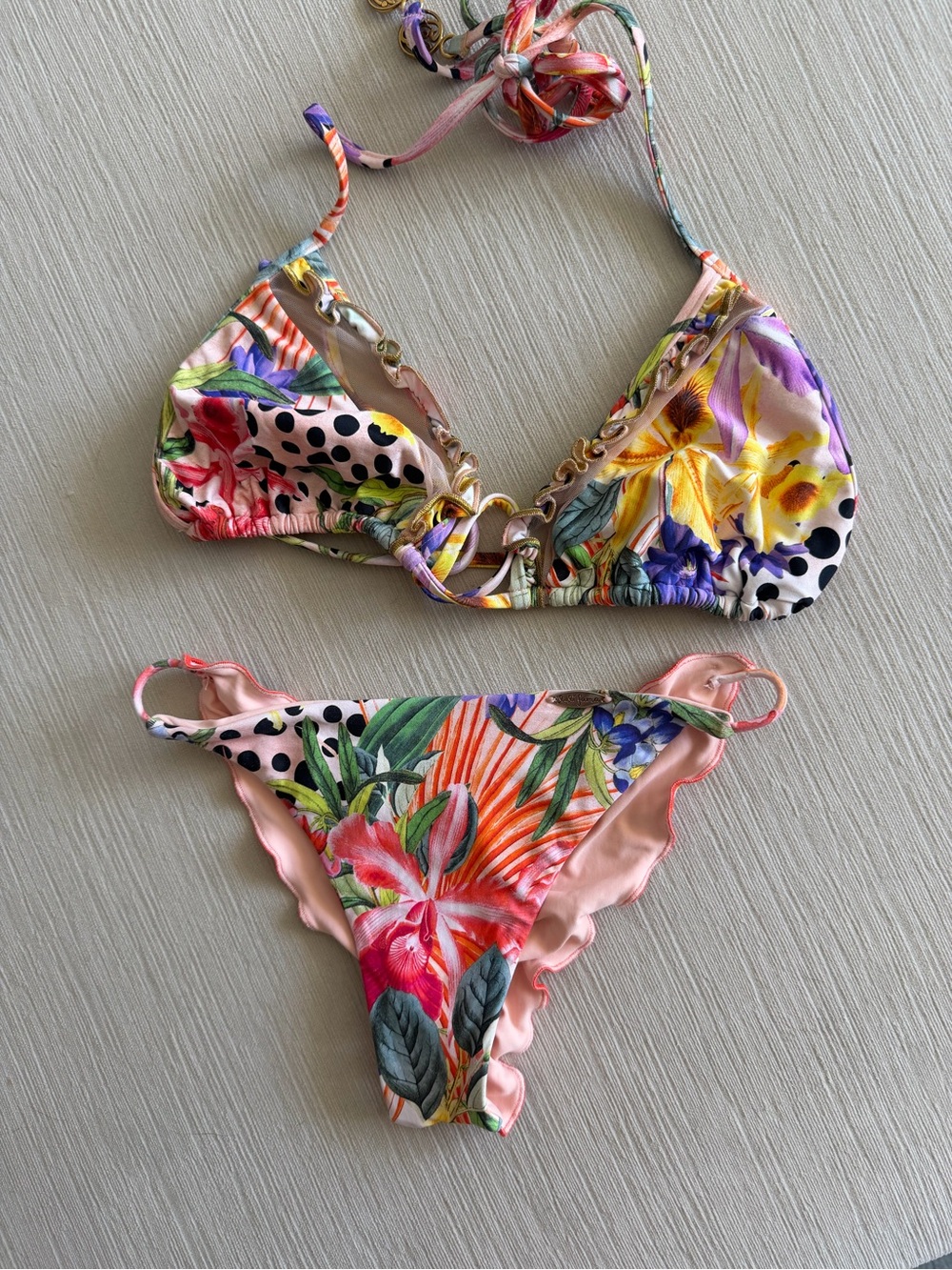 Luli Fama mesh pink floral cheeky pattern bikini SMALL / XS